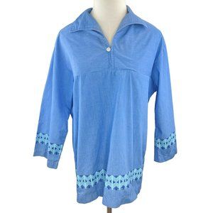 Tiki Togs Fiji Vintage 1960's Blue Block Printed Tunic Blouse